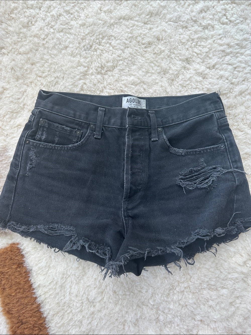 Agolde Black Distressed Frayed Hem Jean Shorts